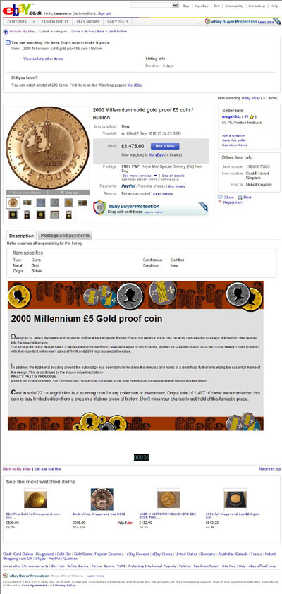 megah3rtz eBay Listing Using our 2000 Millennium Gold Proof Five Pound Crown Reverse Photograph
